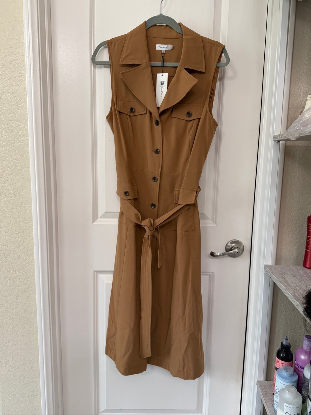 Calvin Klein Camel Brown Sleeveless Button Midi Dress